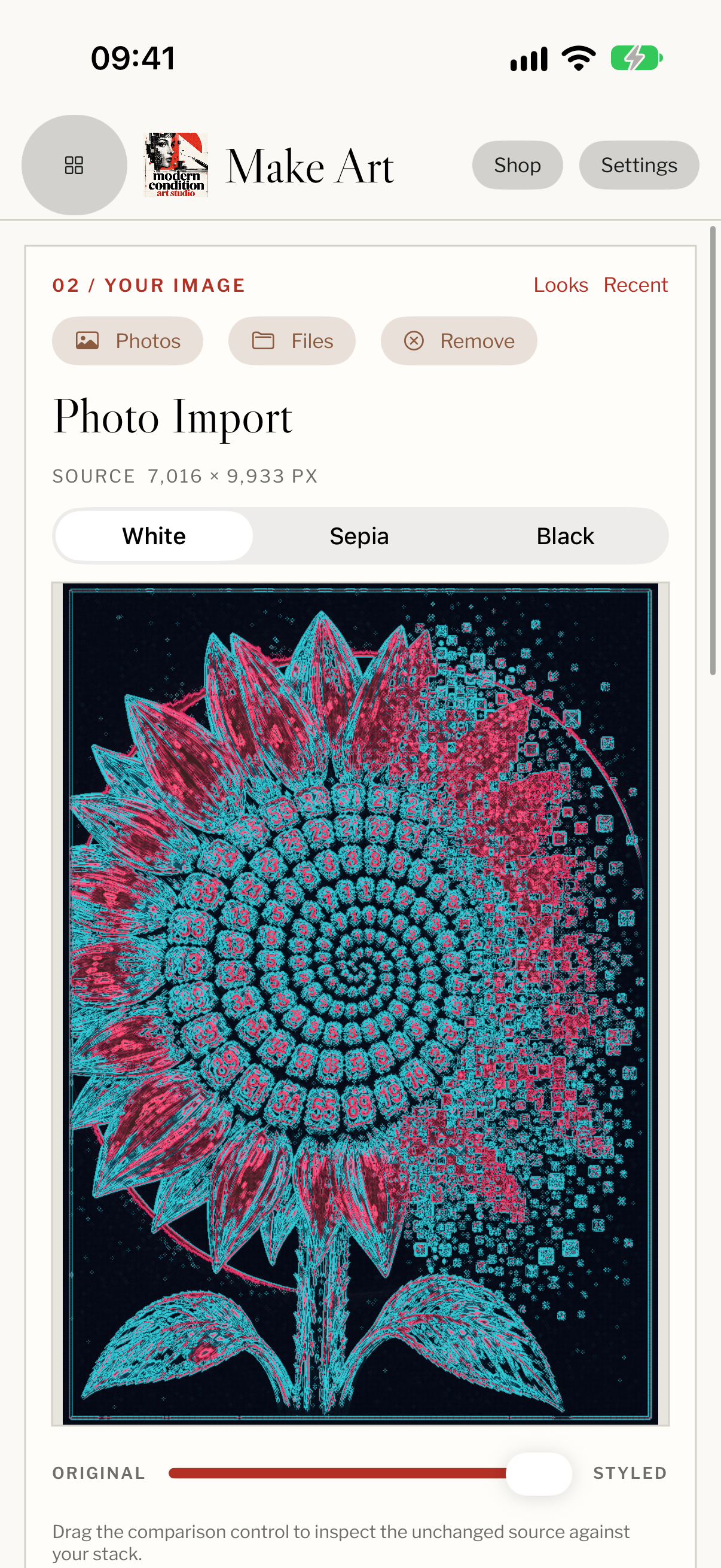 Native iPhone preview of Chrome Sunflower with MCA Riso Four and Electric Contour layered together