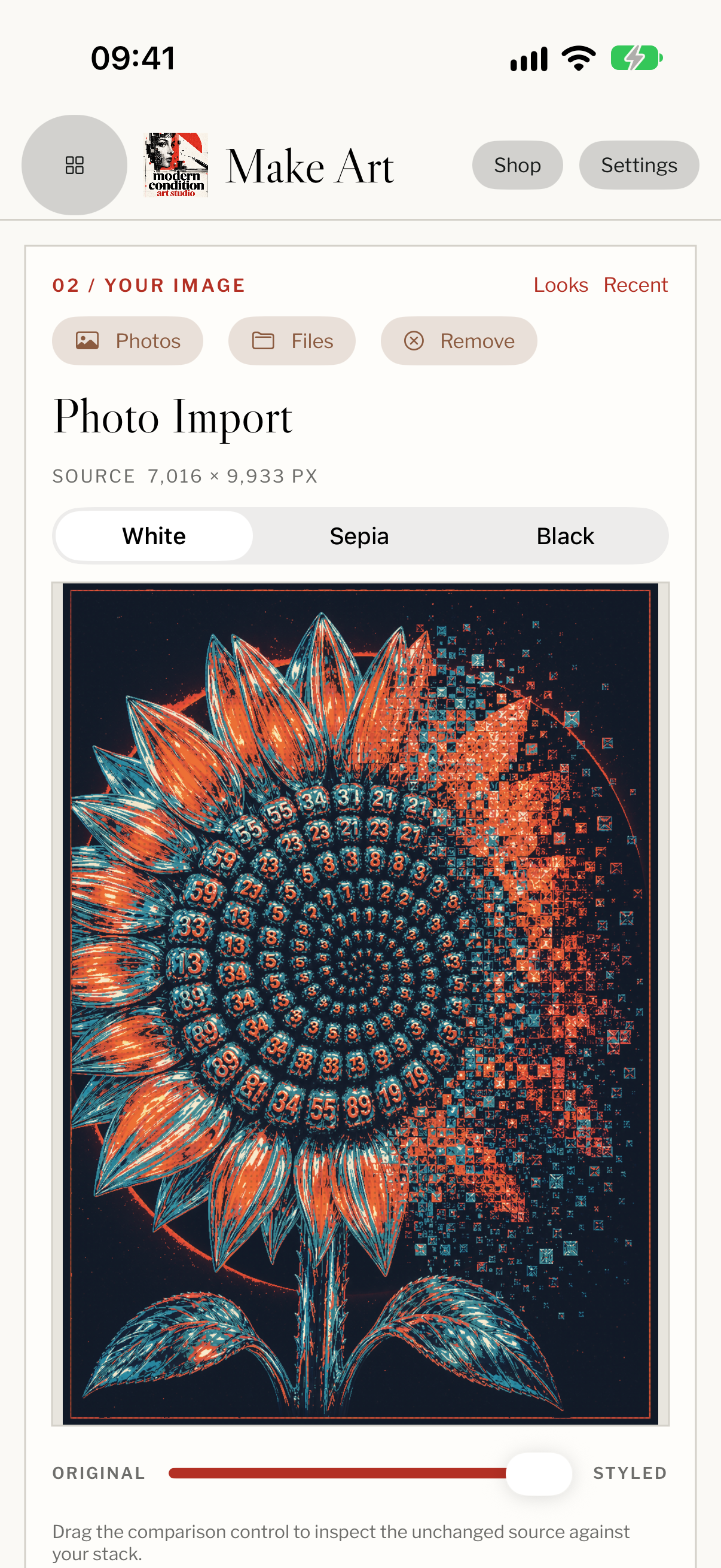 Native Studio preview showing Chrome Sunflower transformed with MCA Riso Four on iPhone