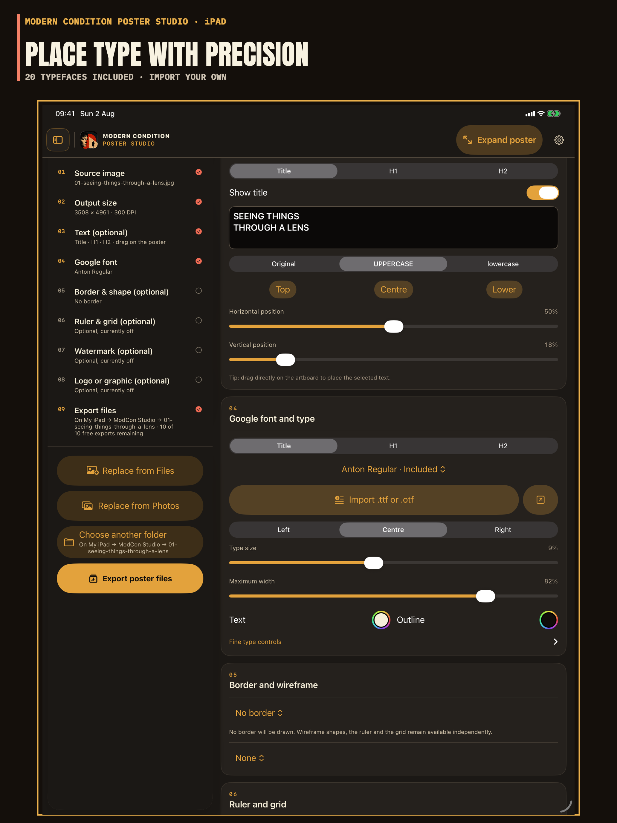 Native iPad poster editor showing typography and layout controls