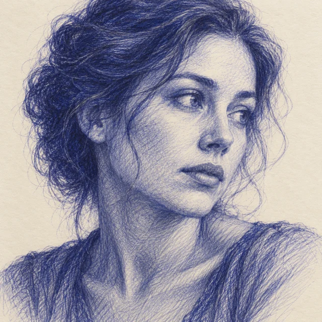 Generated blue biro example of a detailed portrait