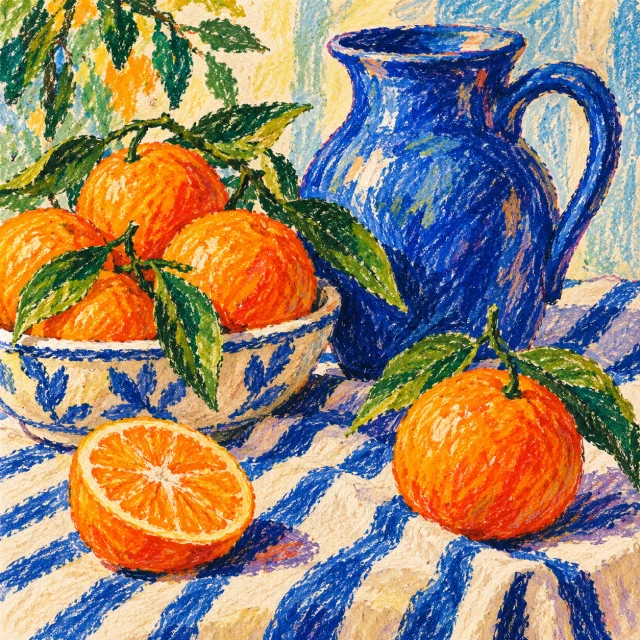 Generated crayon example of oranges and a blue jug
