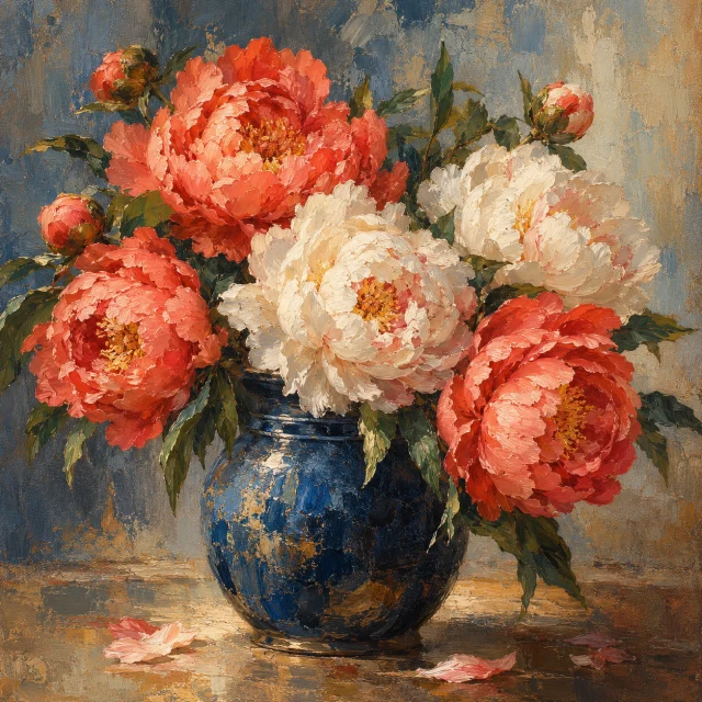 Generated oil painting example of coral and ivory flowers in a blue vase