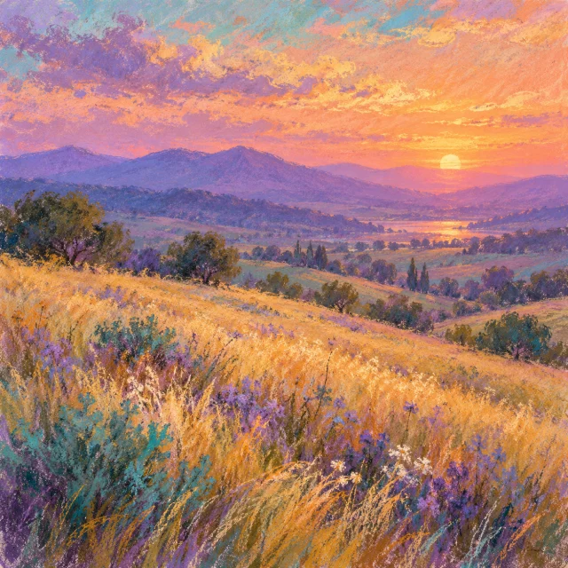 Generated soft pastel example of a meadow at sunset