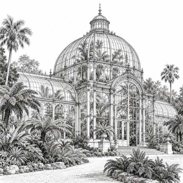 Generated pen and ink example of a botanical glasshouse