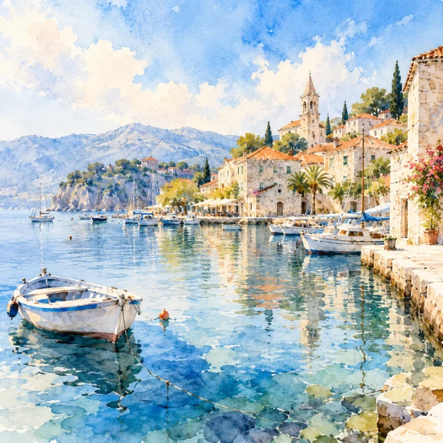Generated watercolour example of boats in a Mediterranean harbour