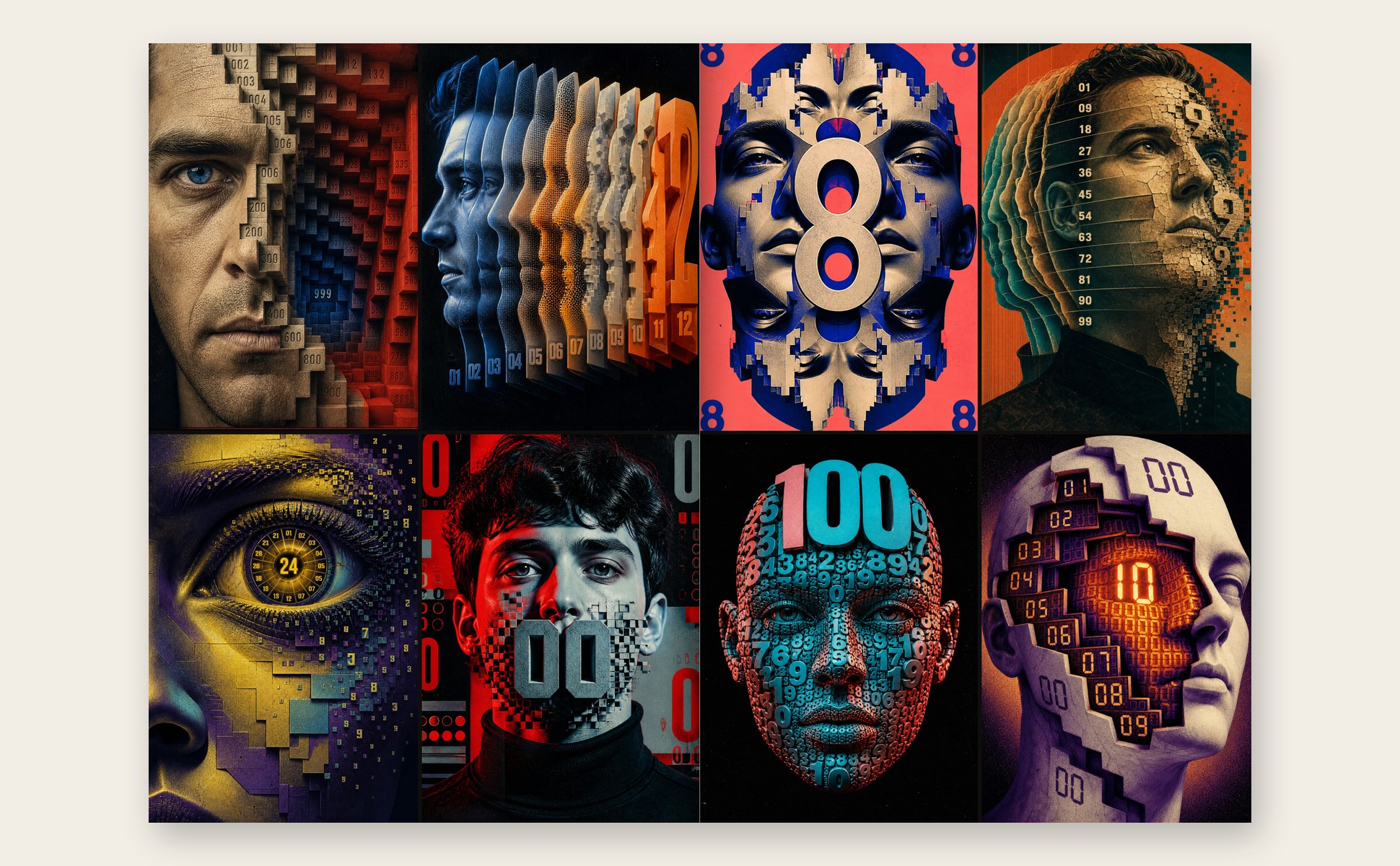 An open spread of the book: eight faces from the Origin series, two by two on each page, edge to edge on black.
