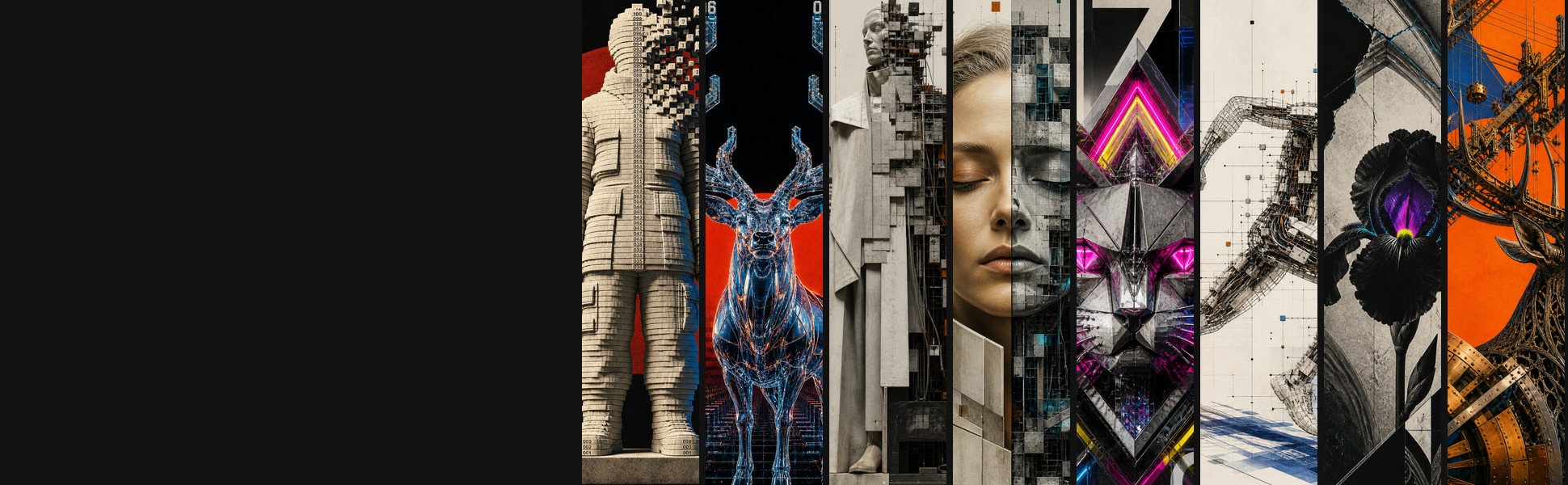 Eight vertical bands, one from each series: a stone figure before a red sun, a glass stag, an excavated statue, a face split down the middle, a neon cat, a runner drawn in measured lines, a black iris, and a mechanical stag.