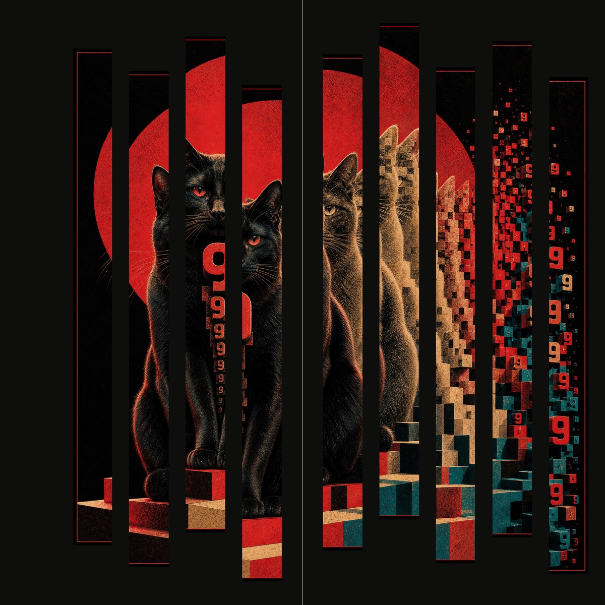 A black cat before a red sun, cut into nine vertical strips that step up and down across a spread.