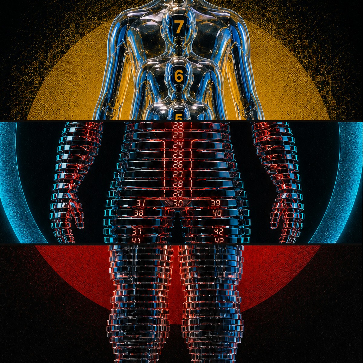 A chrome figure assembled from three horizontal bands taken from three different works: head, torso, and legs.