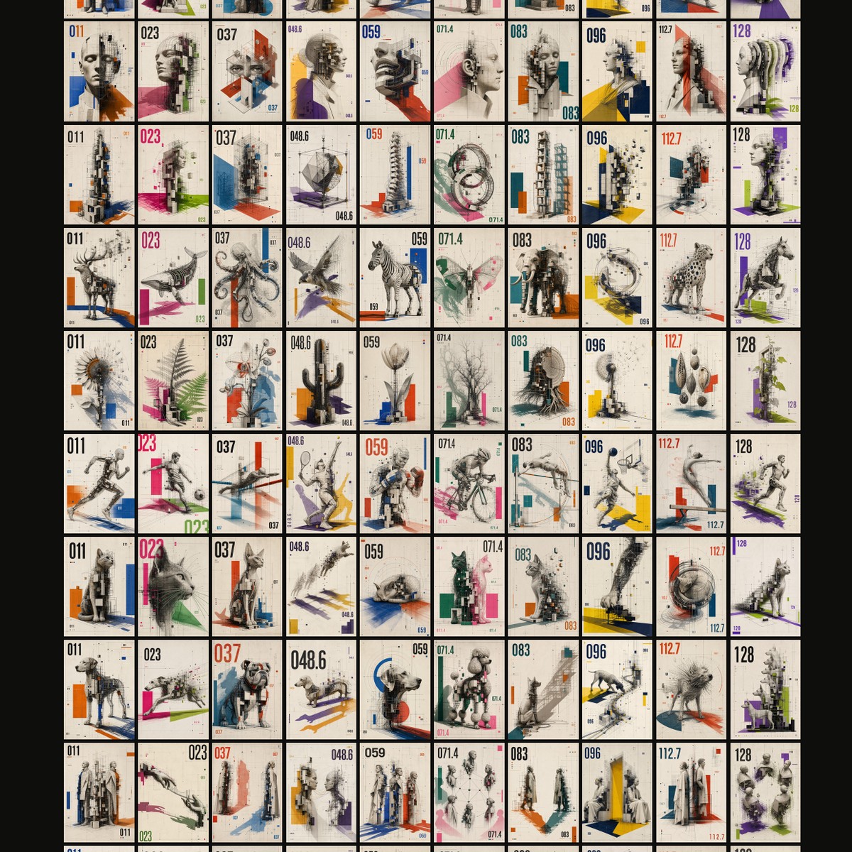 A grid of small works on black, ten to a row: the Vectra series in order.