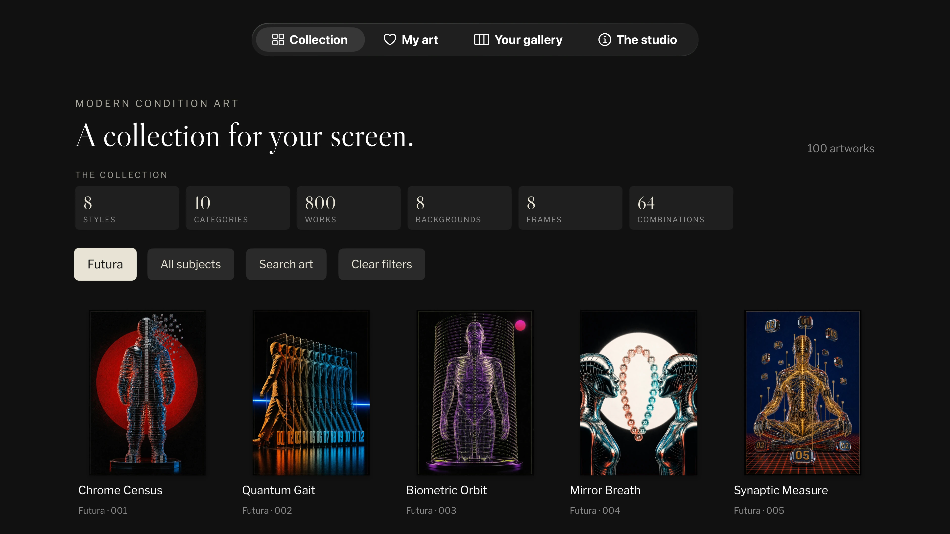 Apple TV collection picker with native menus, Futura artwork, series and subject filters