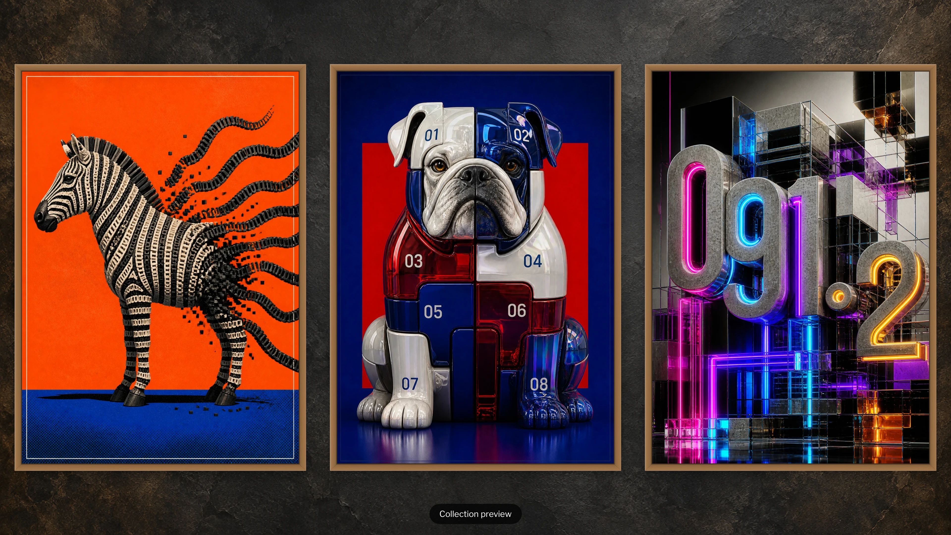 Three bold artworks displayed in bronze frames on a textured background in Modern Condition Art Store for Apple TV