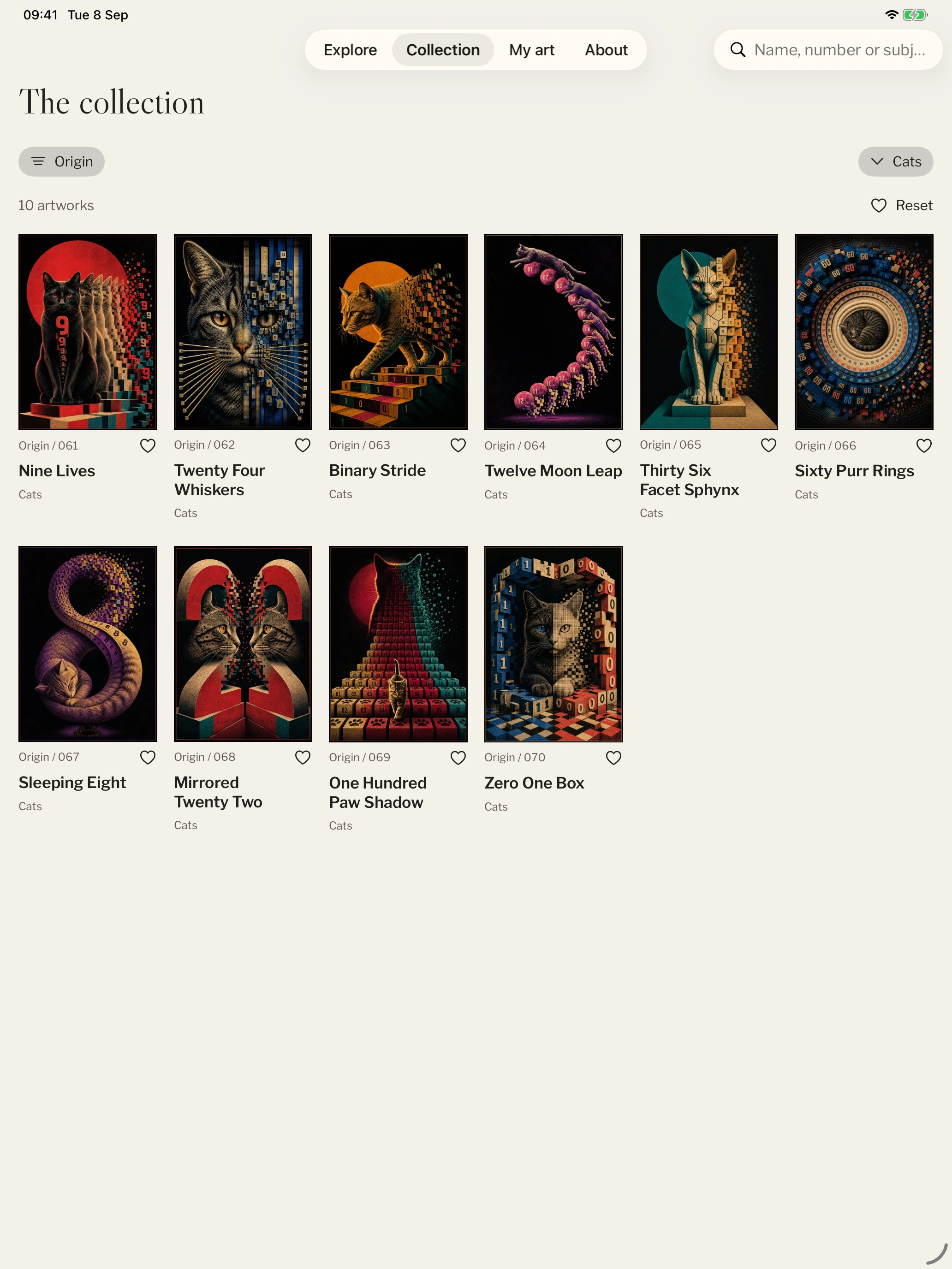 Ten Origin cat artworks in the real Modern Condition Art Store collection on iPad