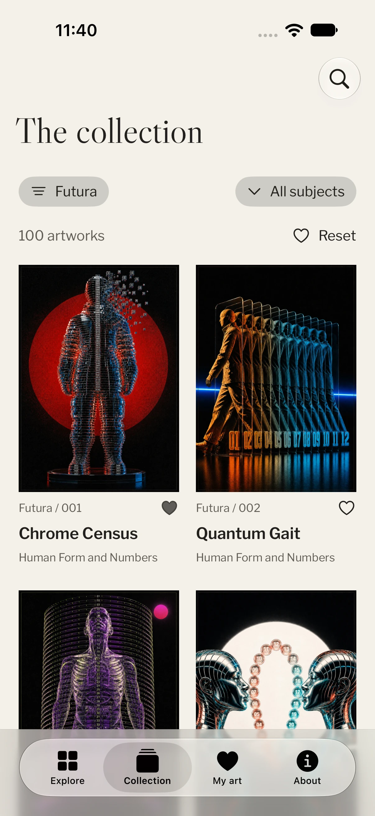 The Futura collection in Modern Condition Art Store on iPhone, with filters, favourite controls and full artwork cards