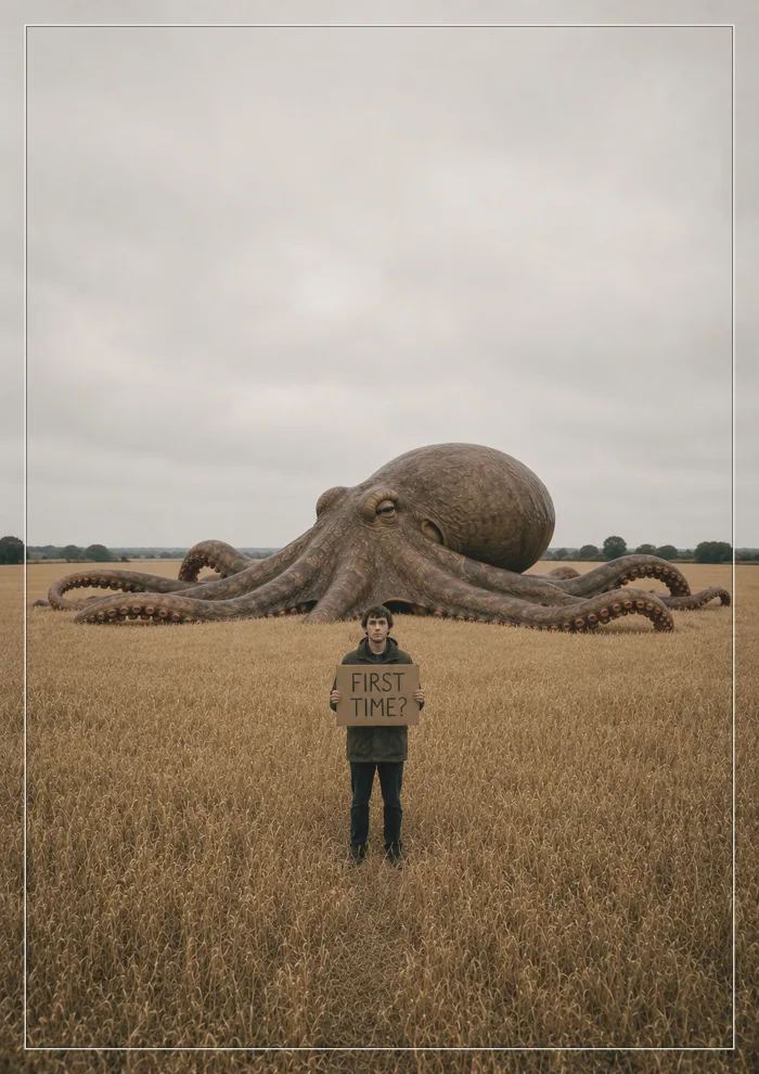 First Time? — an octopus in a wheat field, made in PosterStudio